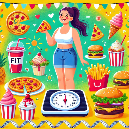 a fit person enjoying a variety of delicious foods such as pizza, ice cream, and burgers, while standing on a scale