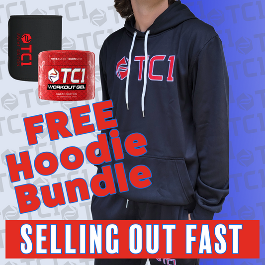 Promotional image for a black hoodie bundle, including a black hoodie with a 'TC1' logo, a sweat belt, and a container of TC1 workout gel. The image features text encouraging to 'Love Yourself Fit' and indicates a limited availability in sizes Small, Medium, and Large.