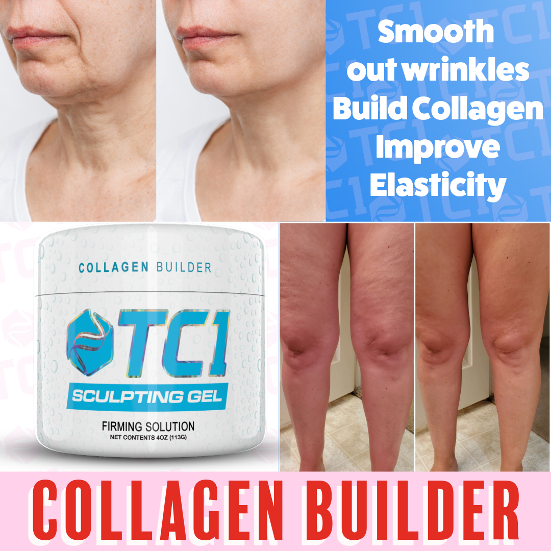 Collagen builder product with before and after images of skin improvement