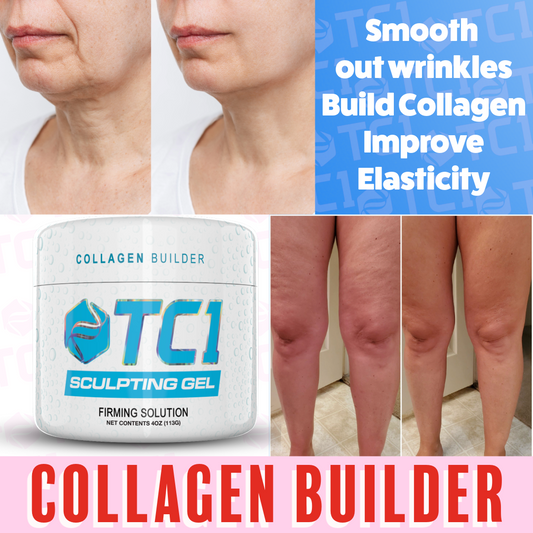 Collagen builder product with before and after images of skin improvement